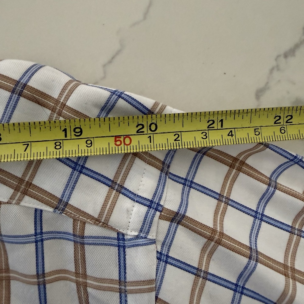 David Donahue Shirt Mens 17.5 34/35 Cotton Plaid Button Up Long Slv Brown Blue - Picture 10 of 13